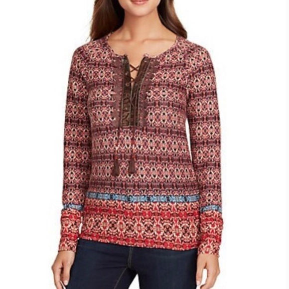 Vintage America Tops - Vintage America Boho Lace Up Lara Top Long Sleeve Size Medium Red & Blue